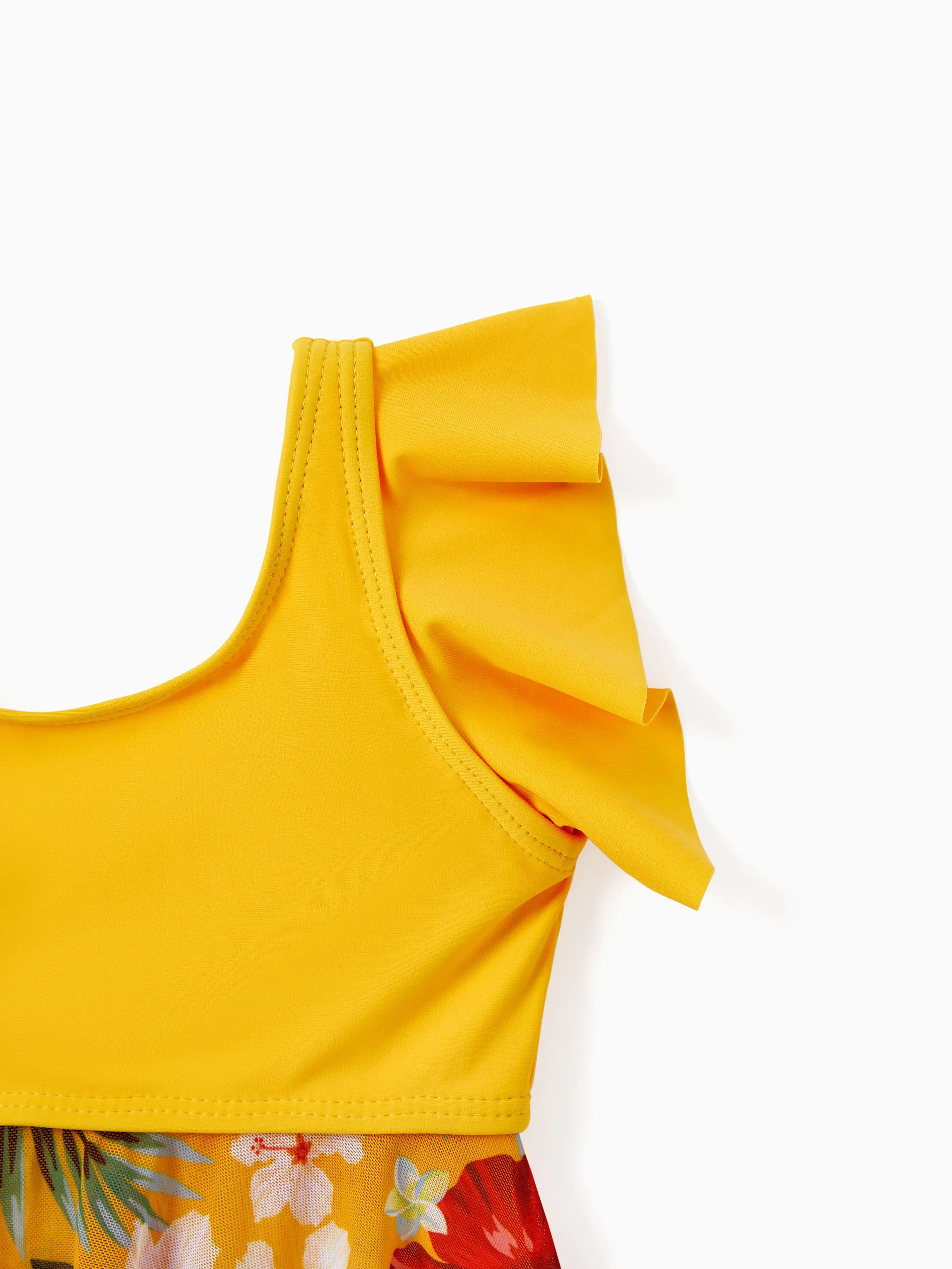 Toddler Girl Floral Drawstring Flowy Spliced Mesh Swim Dress with Triangle Swim Bottom Yellow