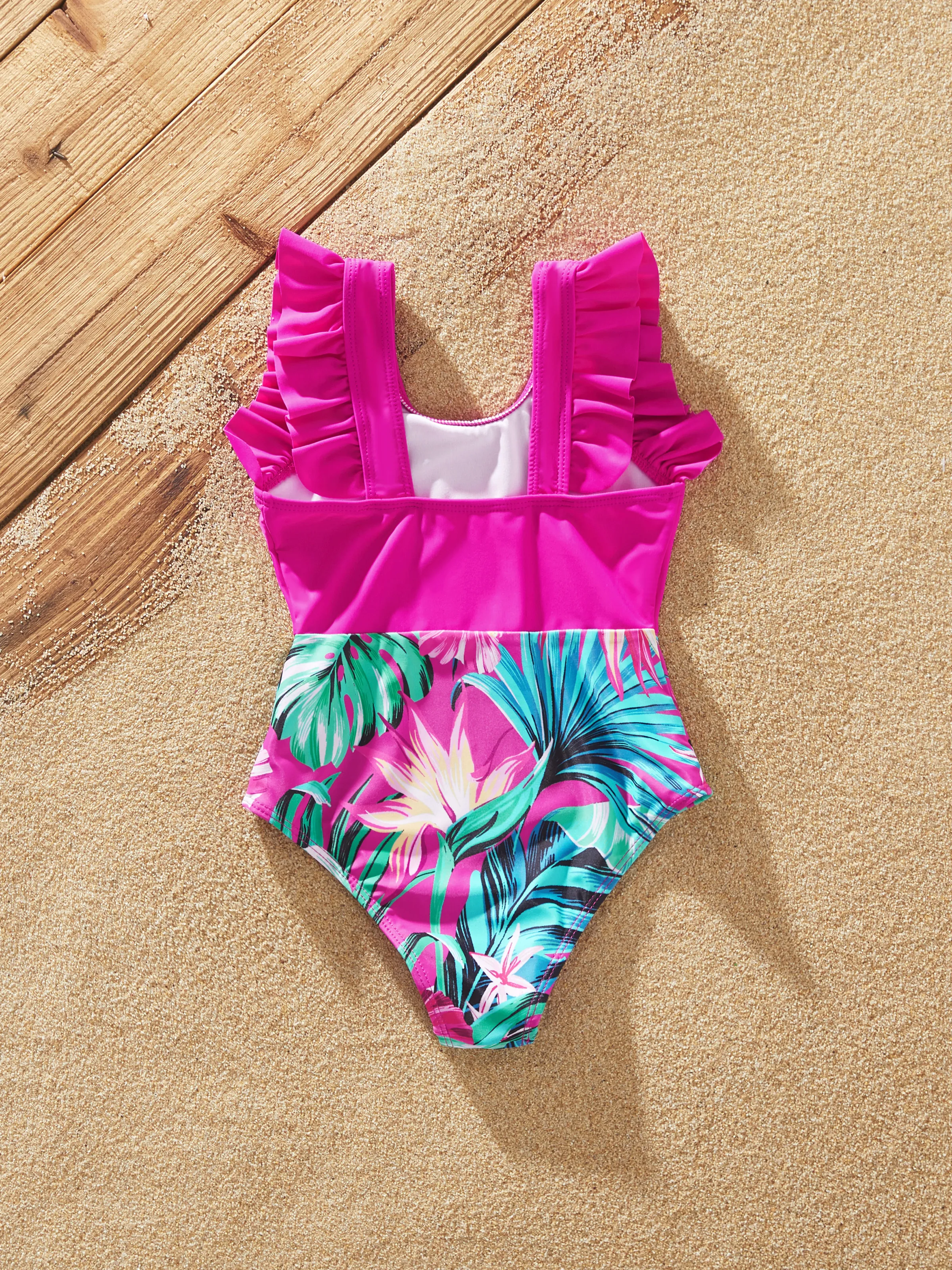 Toddler Girl Swimsuits Tropical Pink Leaf Print Halter One-Piece Swimwear Set Pink