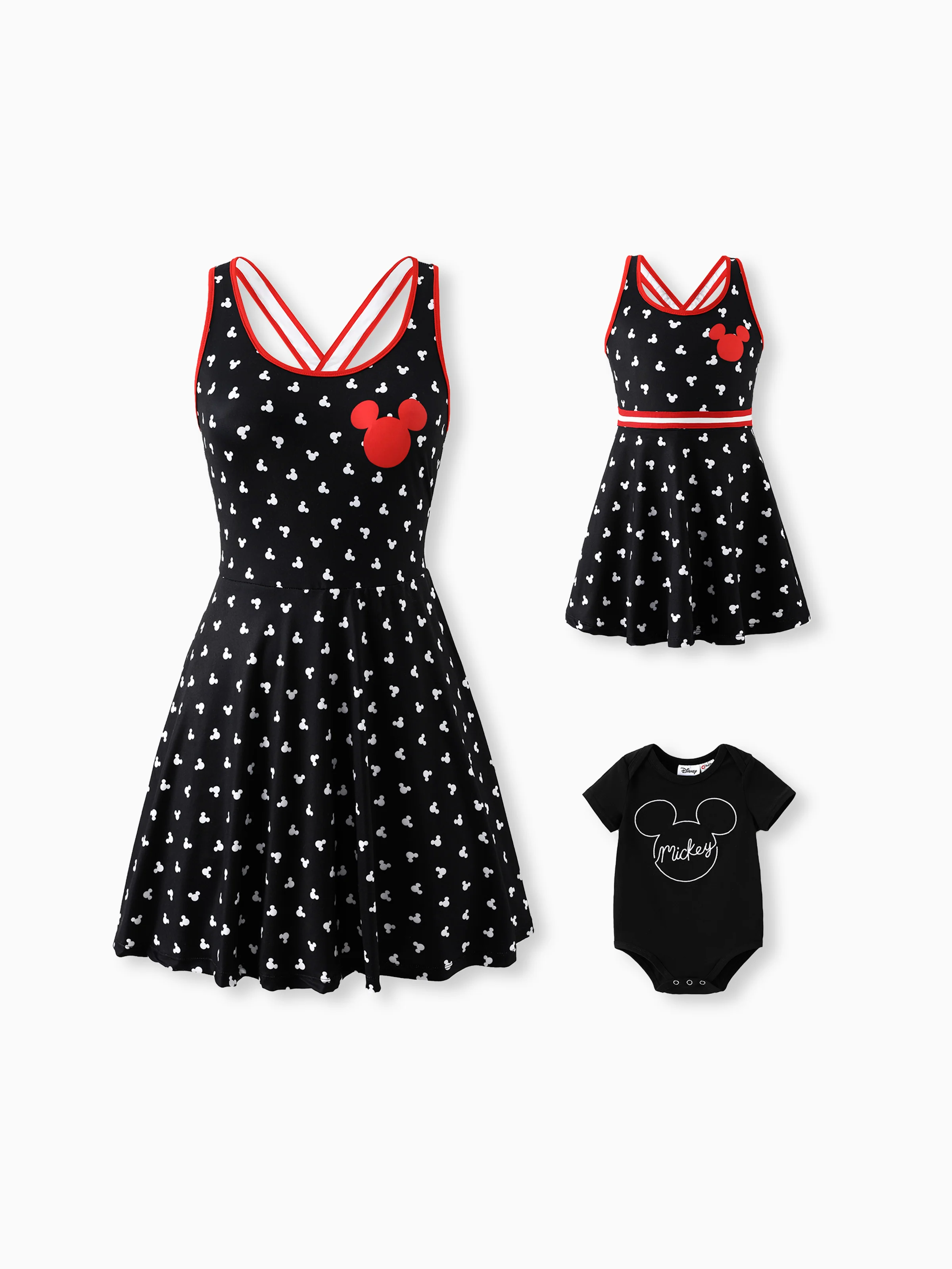 Disney Mickey and Friends Mommy and Me Family matching 1pc Mickey Mouse Allover Print Sporty Dress/Cotton Top /RomperExpression Casual Suits Family Set 3pcs Cotton Unisex Black