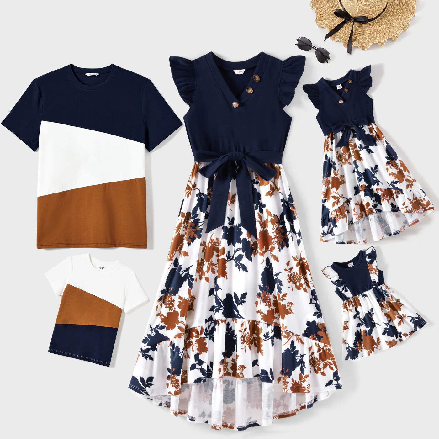 Daddy and Me Family Matching Casual Dress or T-Shirt, Solid Color, Fabric Stitching royalblue