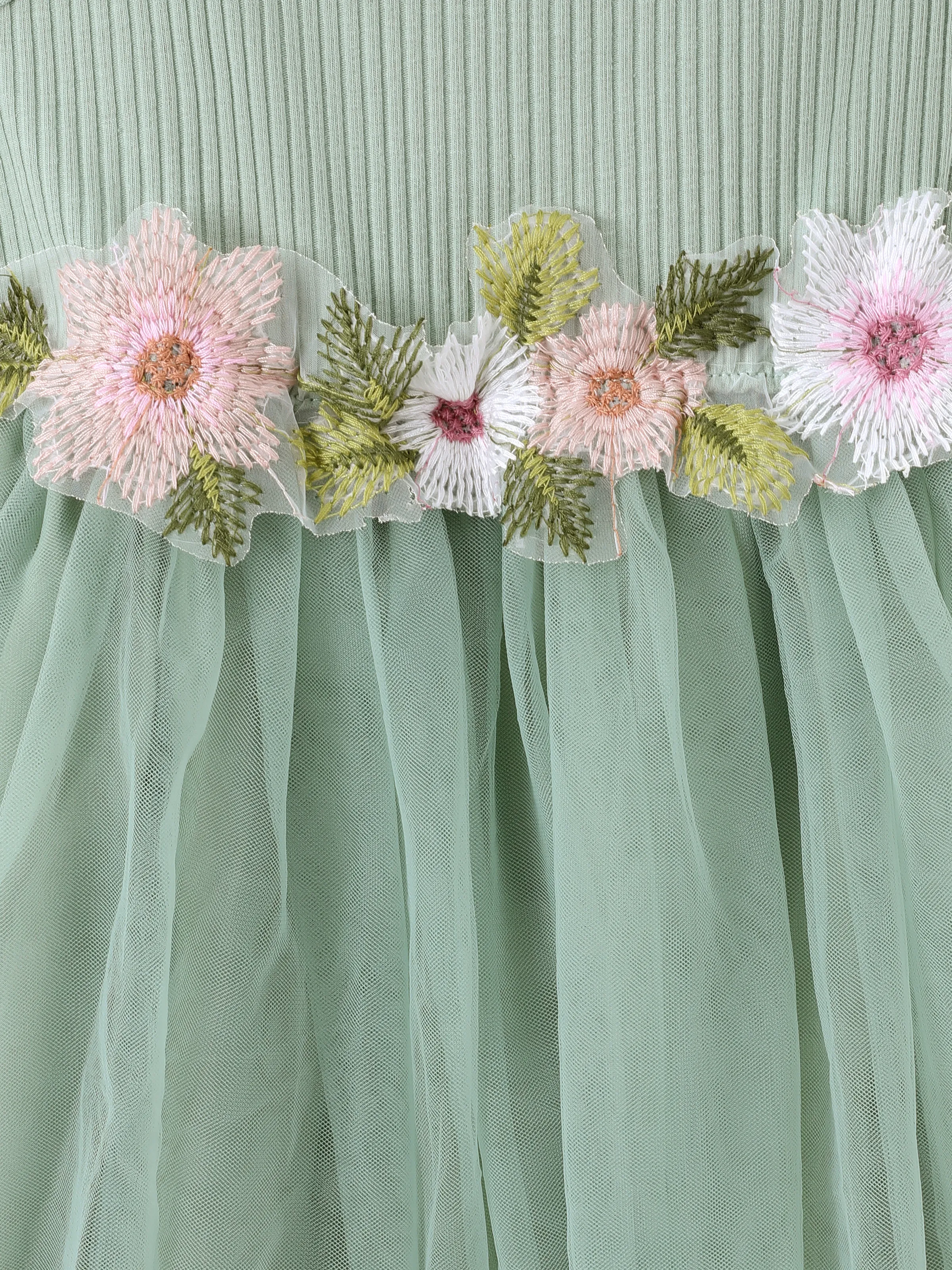 Toddler Girl Sweet Floral Decor Ribbed Panel Mesh Overlay Fairy Dress Green