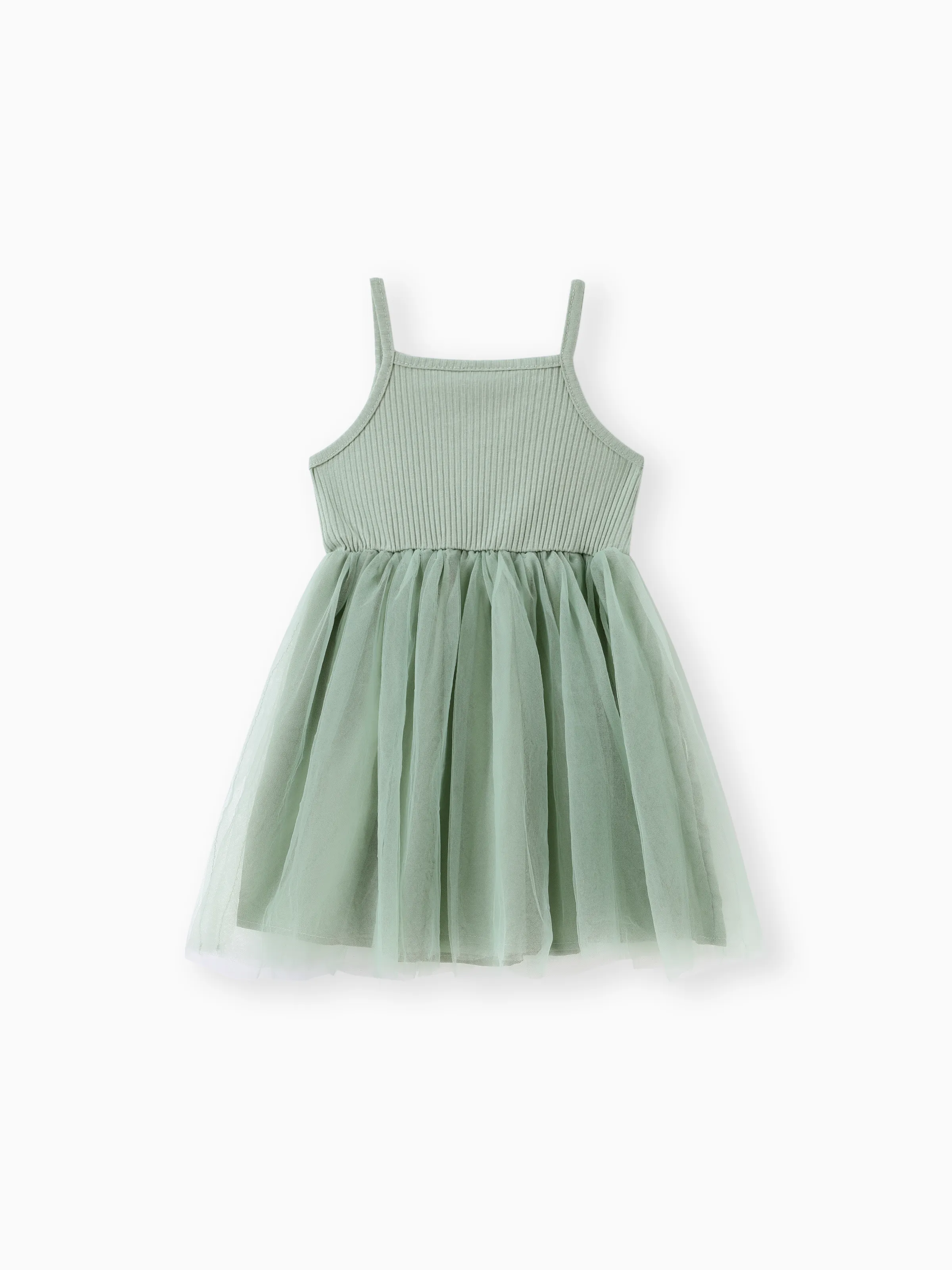 Toddler Girl Sweet Floral Decor Ribbed Panel Mesh Overlay Fairy Dress Green