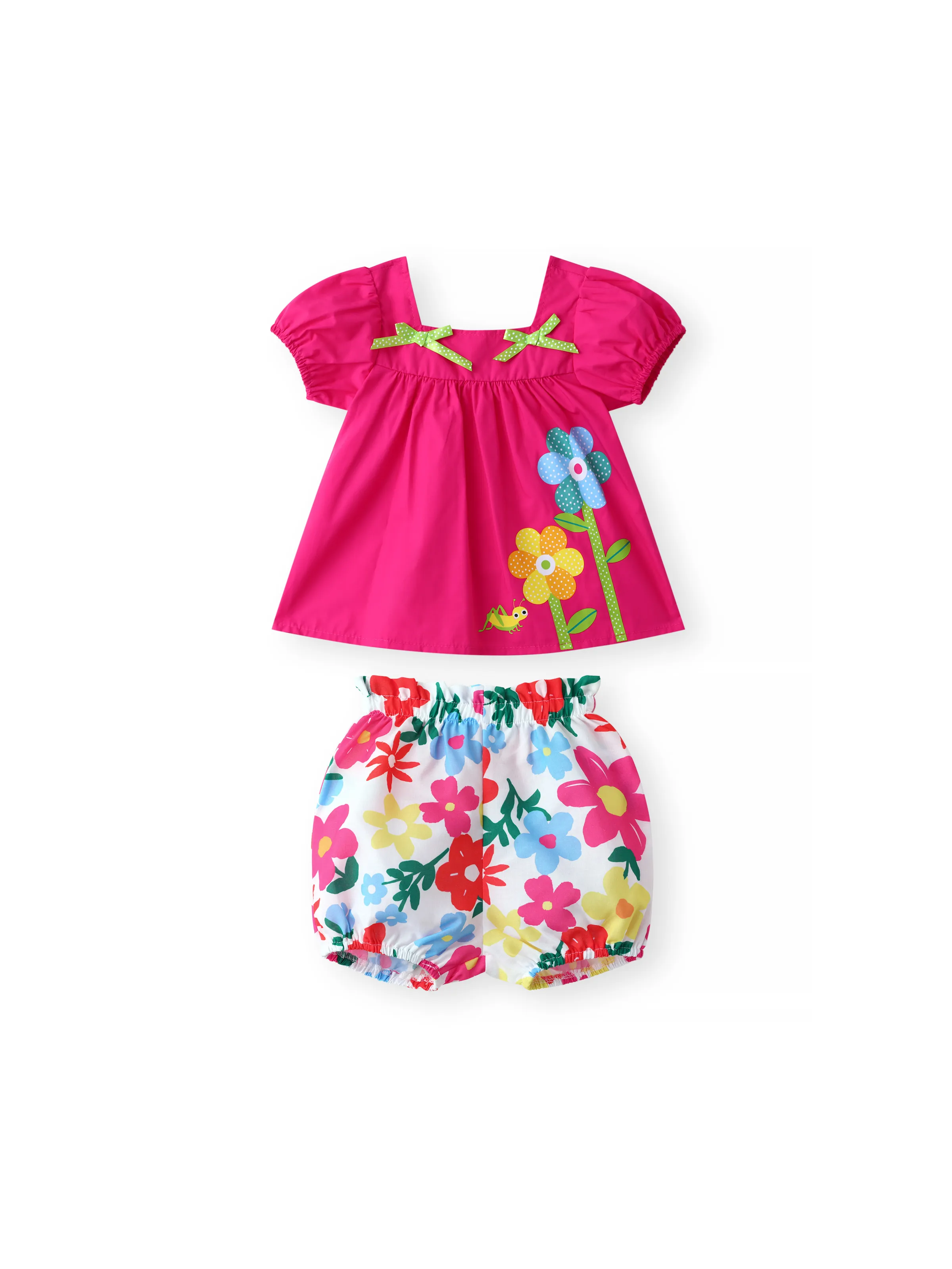 Baby Girl 2pcs Sweet Big Flower Pattern Square Neckline Top and Shorts Set Roseo