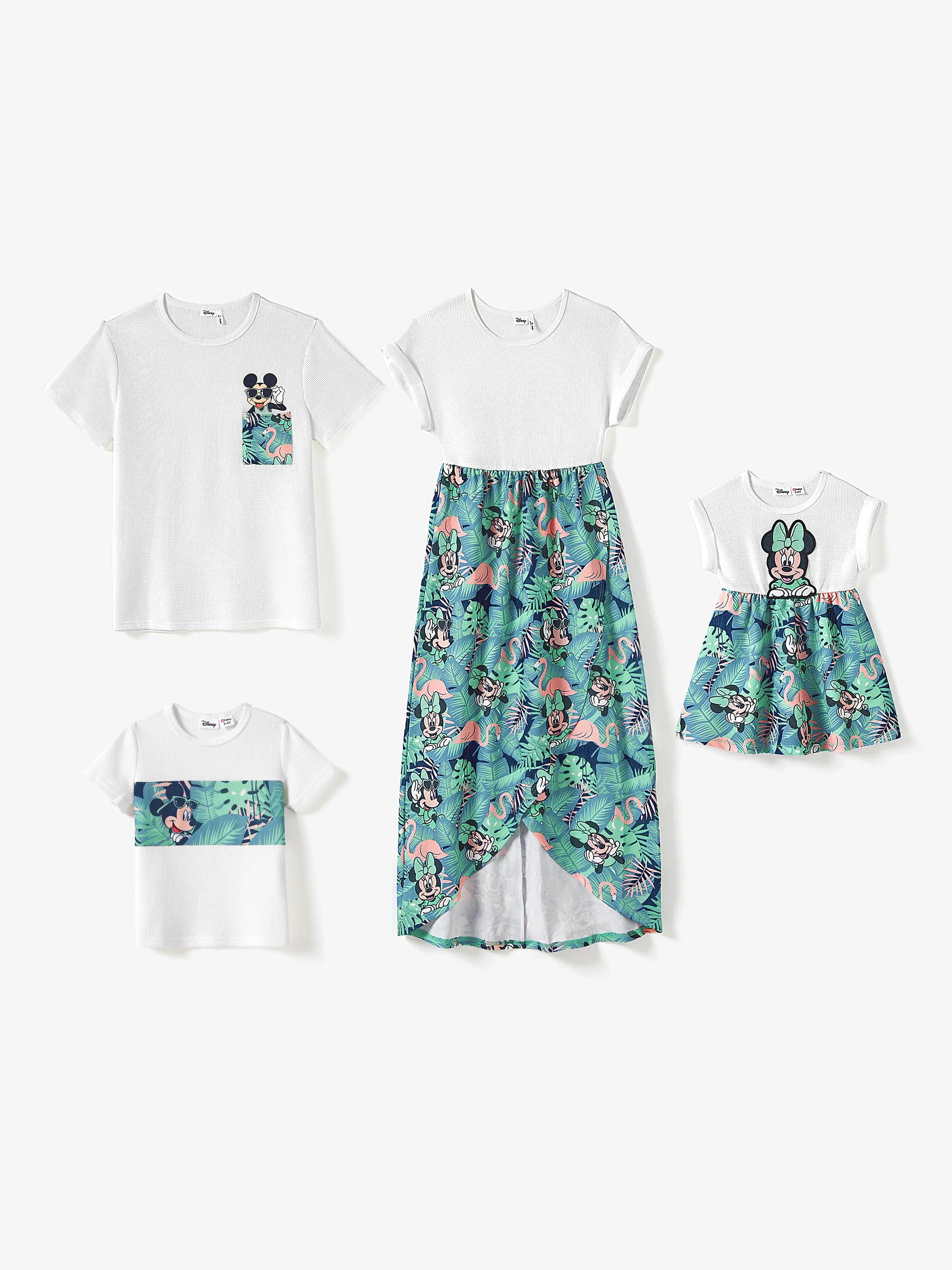 Disney Mickey and Friends Family Matching Tropical Botanical Print Waffle Fabric T-shirt/Dress greenwhite