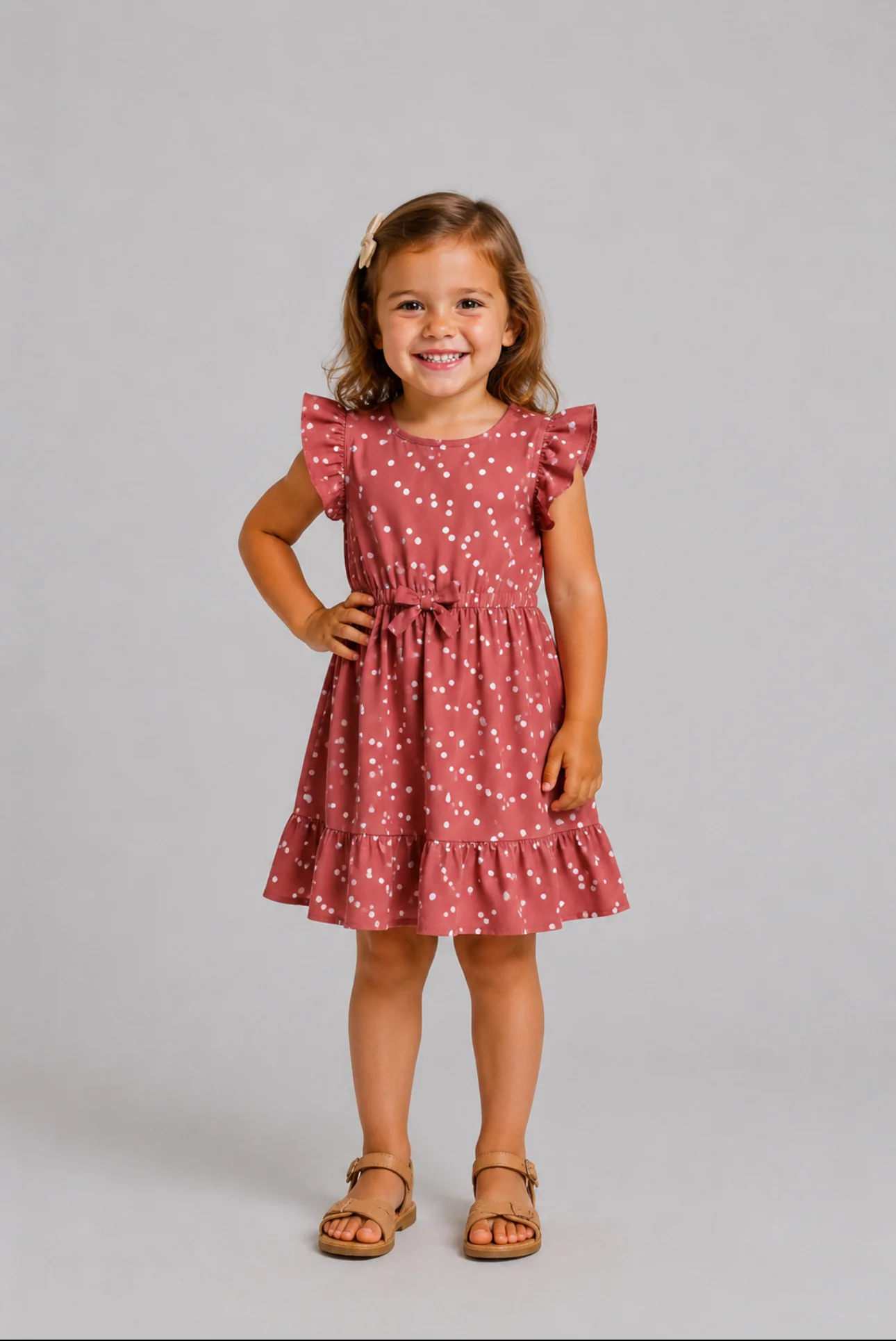 All Over Dots Pink Cross Wrap V Neck Ruffle Flutter-sleeve Dress for Mom and Me PinkyWhite