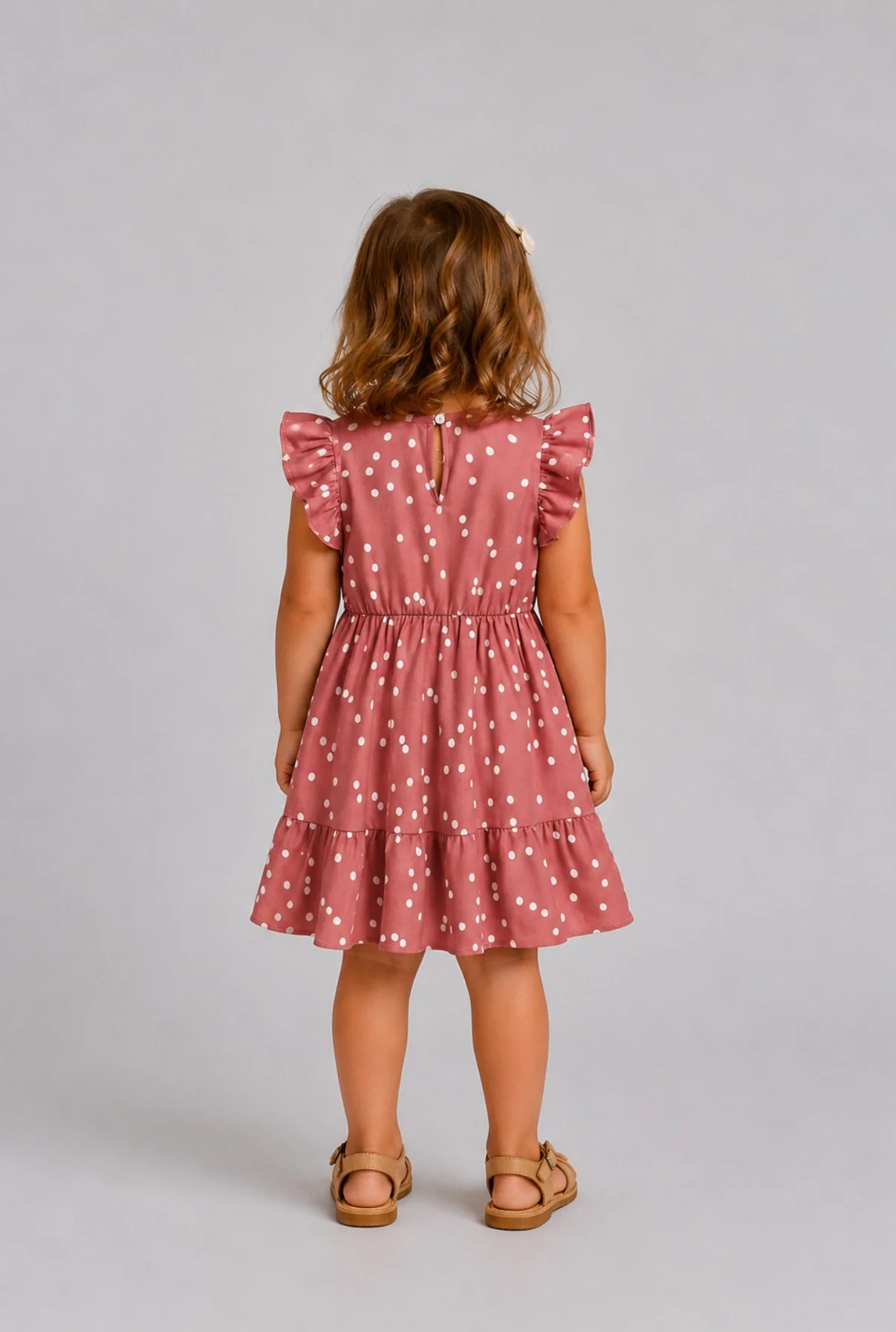 All Over Dots Pink Cross Wrap V Neck Ruffle Flutter-sleeve Dress for Mom and Me PinkyWhite