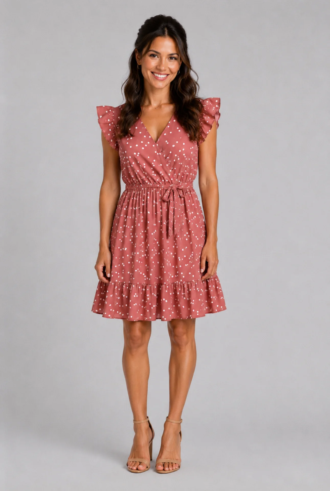 All Over Dots Pink Cross Wrap V Neck Ruffle Flutter-sleeve Dress for Mom and Me PinkyWhite