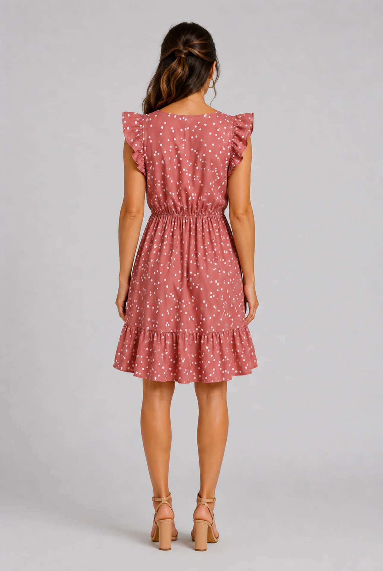 All Over Dots Pink Cross Wrap V Neck Ruffle Flutter-sleeve Dress for Mom and Me PinkyWhite