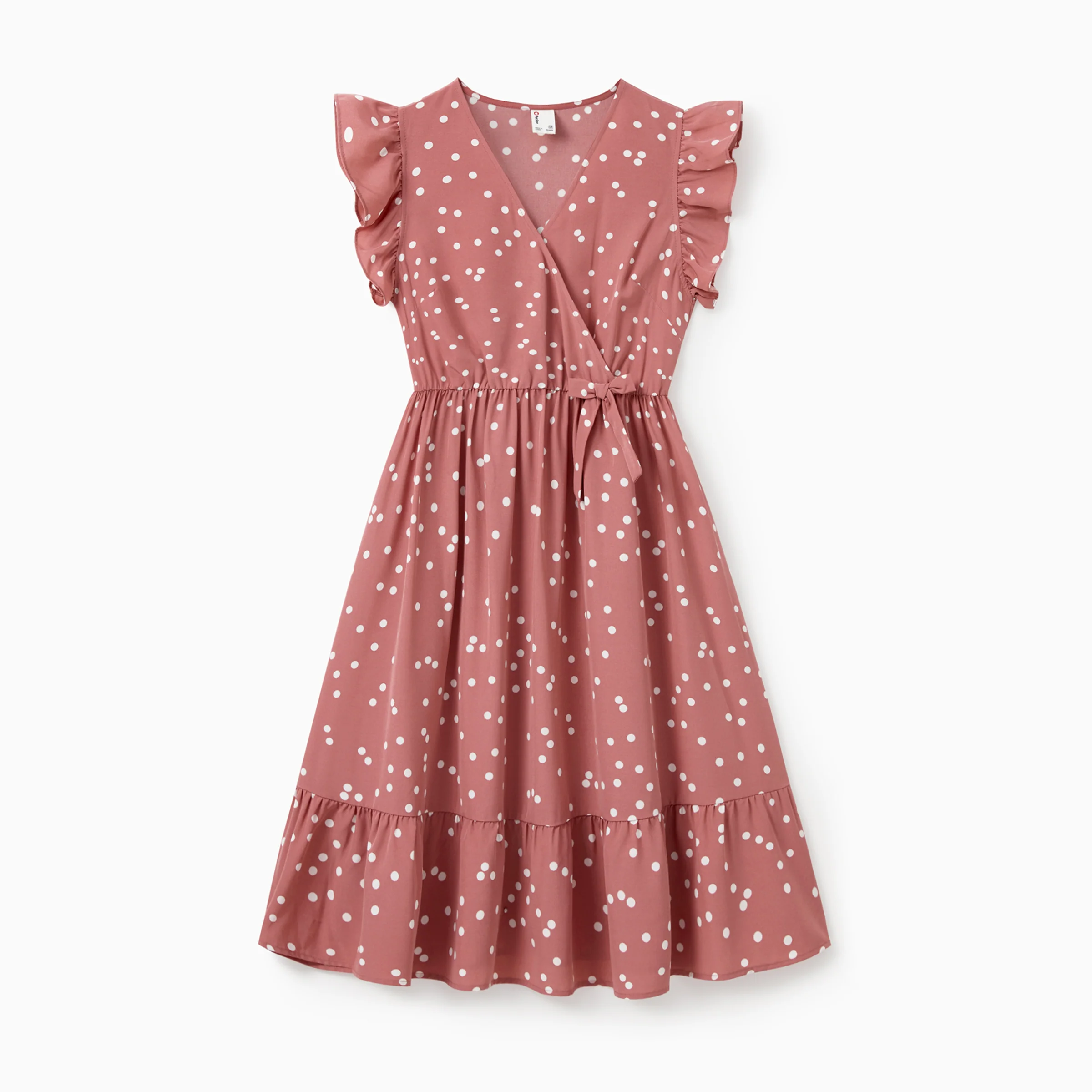 All Over Dots Pink Cross Wrap V Neck Ruffle Flutter-sleeve Dress for Mom and Me PinkyWhite