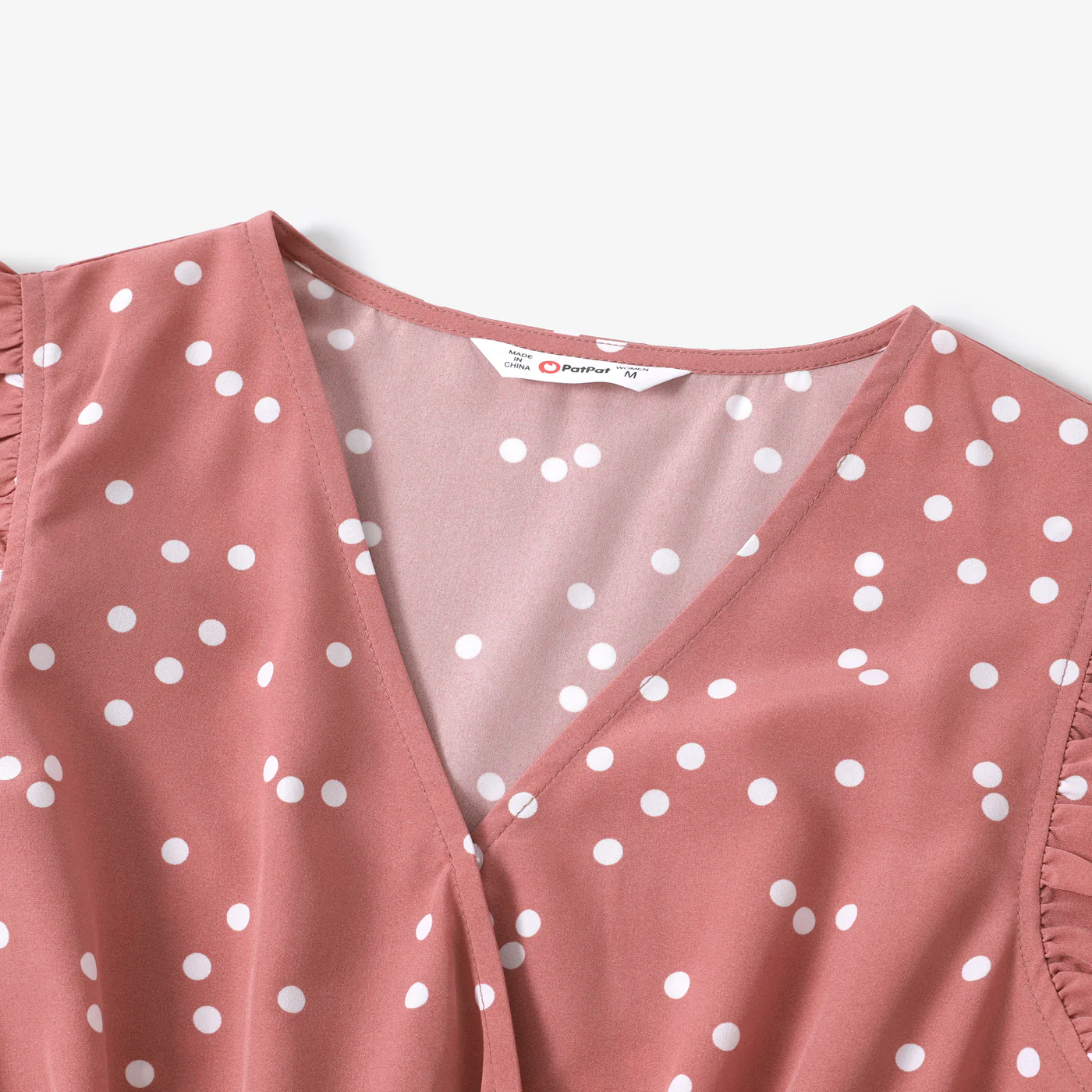 All Over Dots Pink Cross Wrap V Neck Ruffle Flutter-sleeve Dress for Mom and Me PinkyWhite