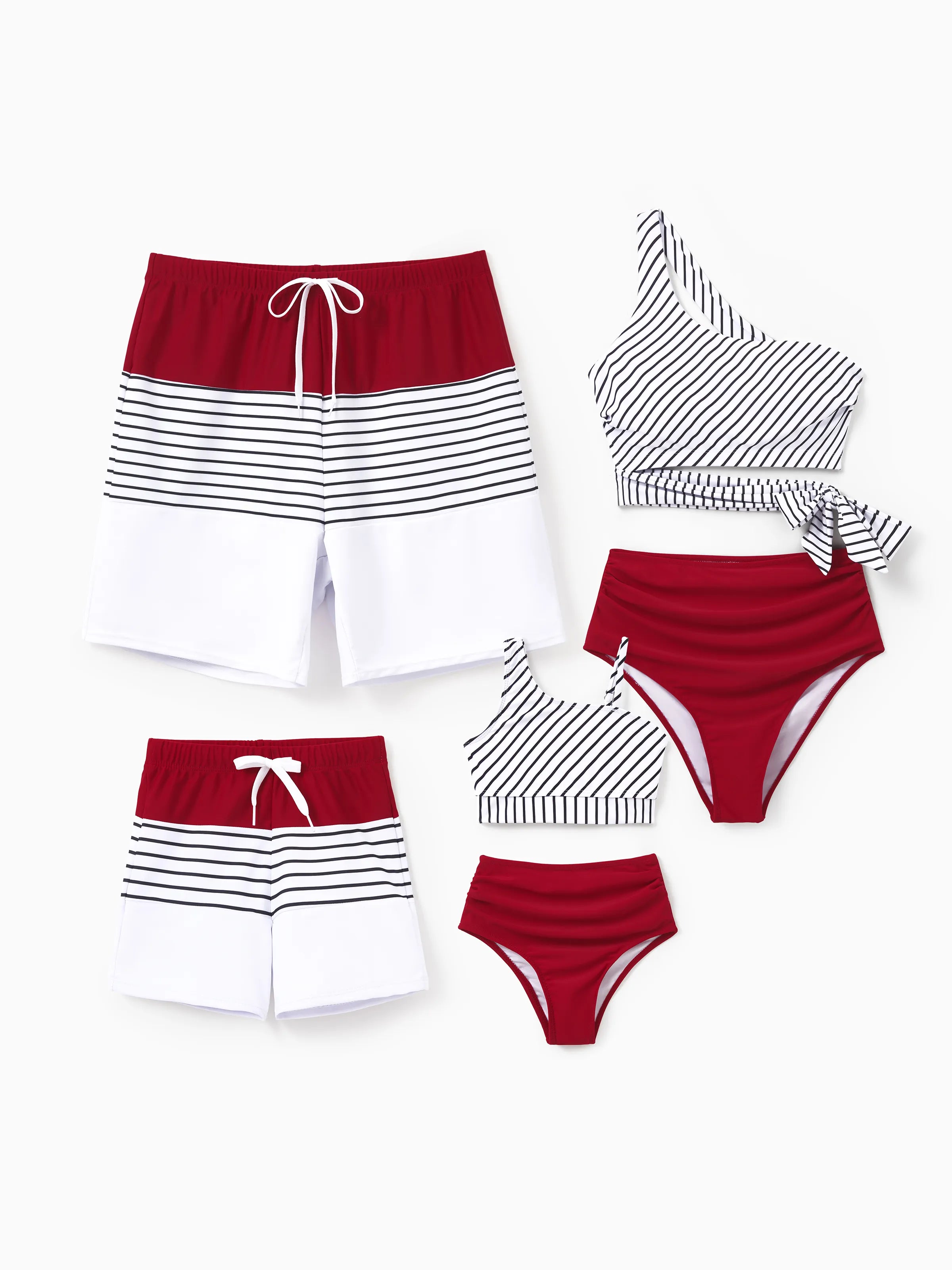Family Matching Swimsuits Red Striped One-Shoulder Bikini or Colorblock Swim Trunks Matching Beachwear Outfits for Summer, Cruise, Vacation Red