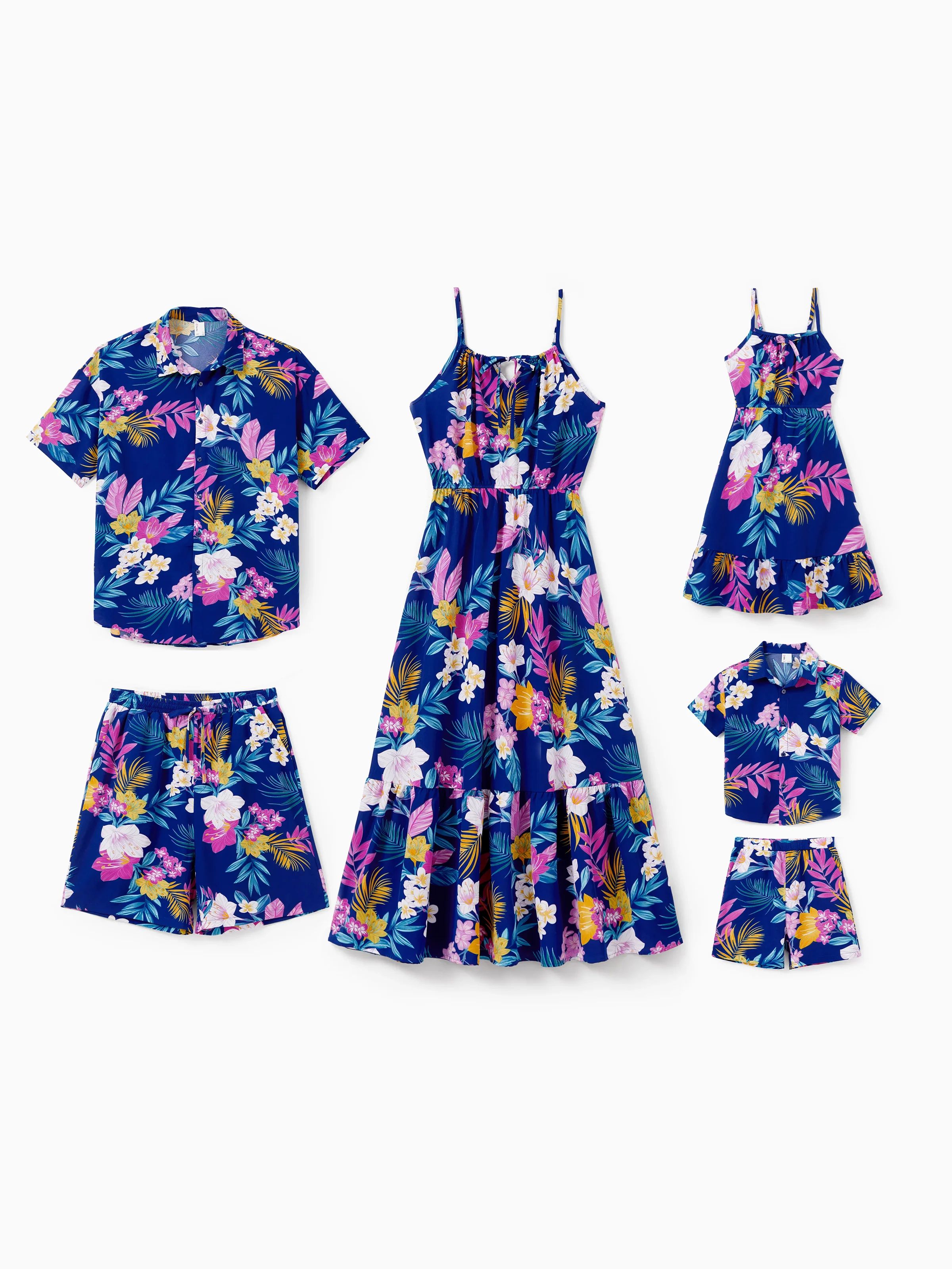 5332-matching-family-hawaiian-outfits-tropical-floral-print-strap-dress-or-short-sleeve-shirts-shorts-set-summer-beachwear-set-for-vacation-deep-blue-1.webp Matching Family Hawaiian Outfits Tropical Floral Print Strap Dress or Short-sleeve Shirts & Shorts Set Summer Beachwear Set for Vacation Deep Blue