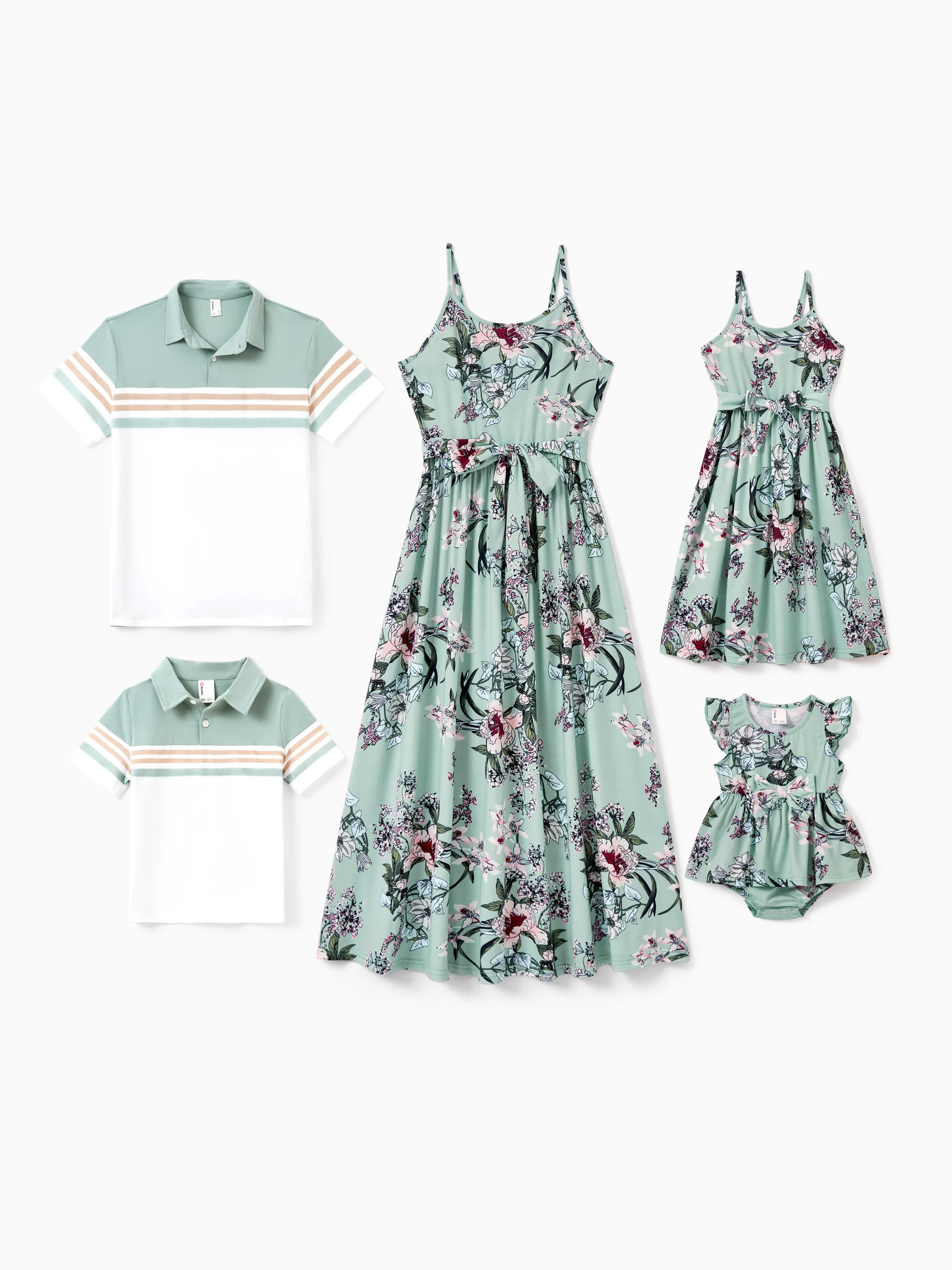 Family Matching Sets Green Striped Polo Shirt or Flora Print Strap Belted Dress Light Green