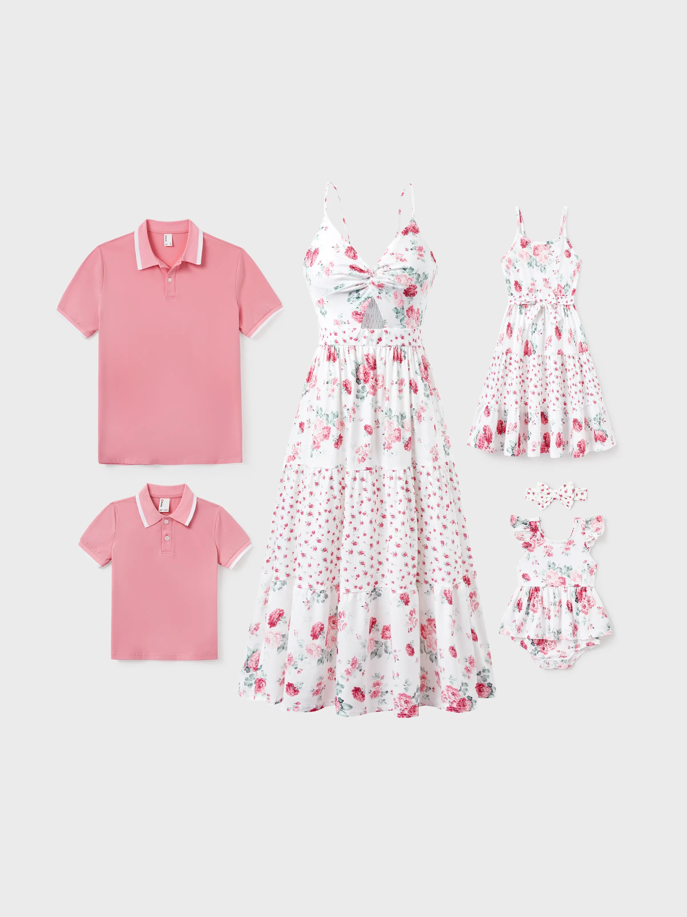 6134-family-matching-outfits-set-solid-color-short-sleeve-polo-collar-shirt-or-flower-print-hollow-out-dress-pink-1.jpg Family Matching Outfits Set Solid Color Short-sleeve Polo Collar Shirt or Flower Print Hollow out Dress Pink