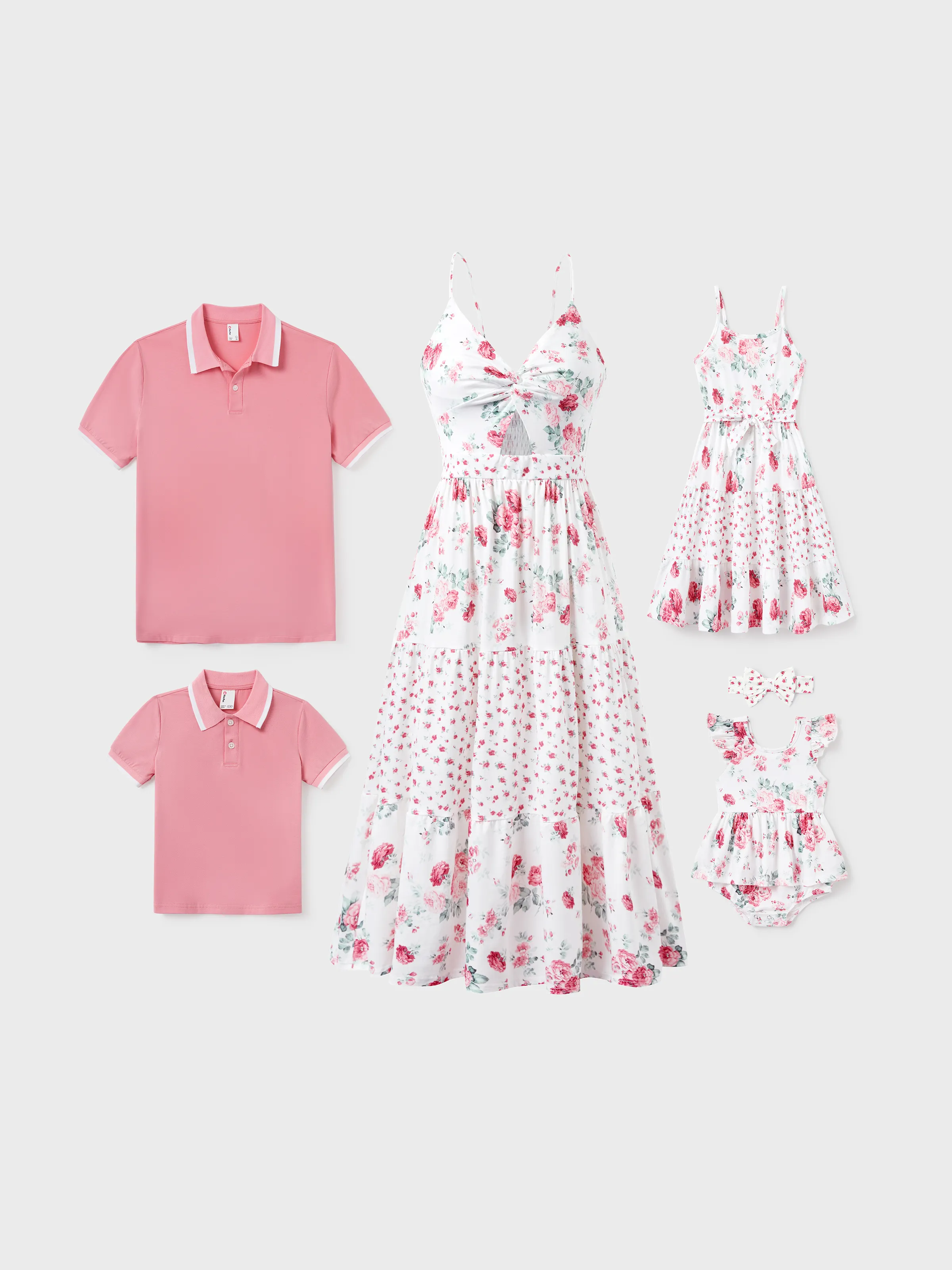 6945-family-matching-outfits-set-solid-color-short-sleeve-polo-collar-shirt-or-flower-print-hollow-out-dress-pink-1.webp Family Matching Outfits Set Solid Color Short-sleeve Polo Collar Shirt or Flower Print Hollow out Dress Pink