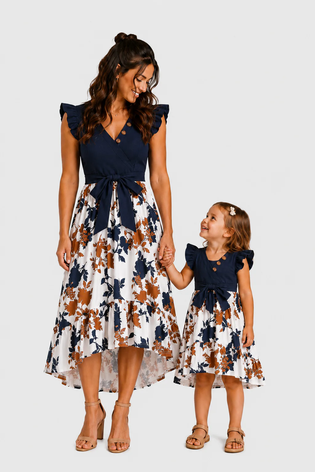 Mommy and Me Family Matching Casual Dress Solid Color, Fabric Stitching royalblue