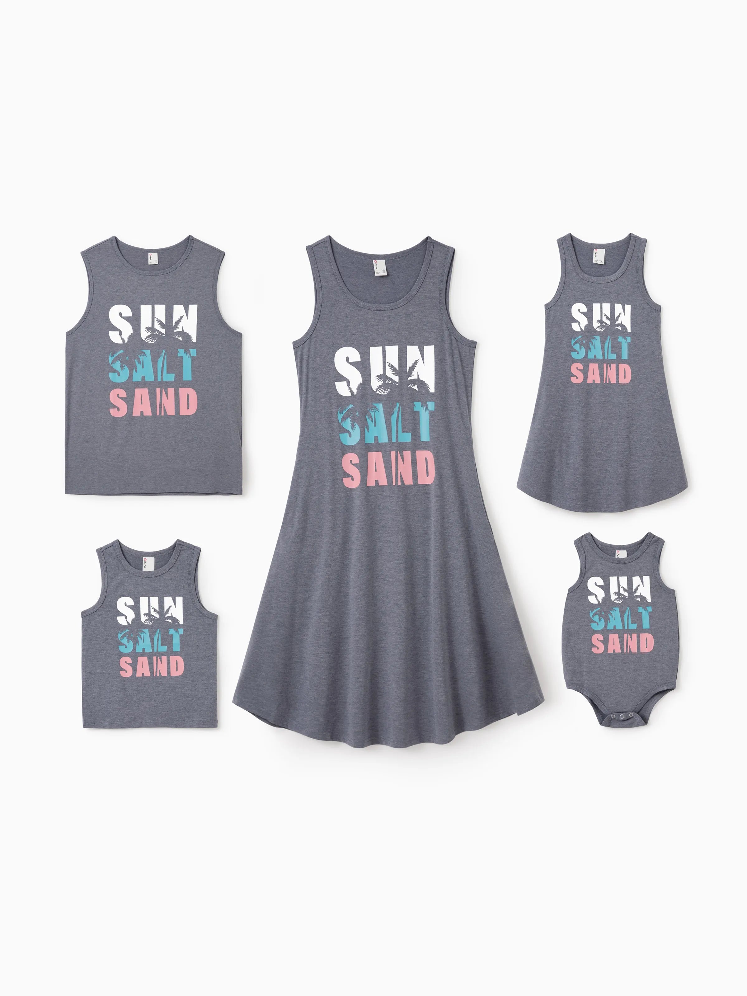 Family Matching Letter Print Sleeveless Tank Top or Tank Dress Set Grey