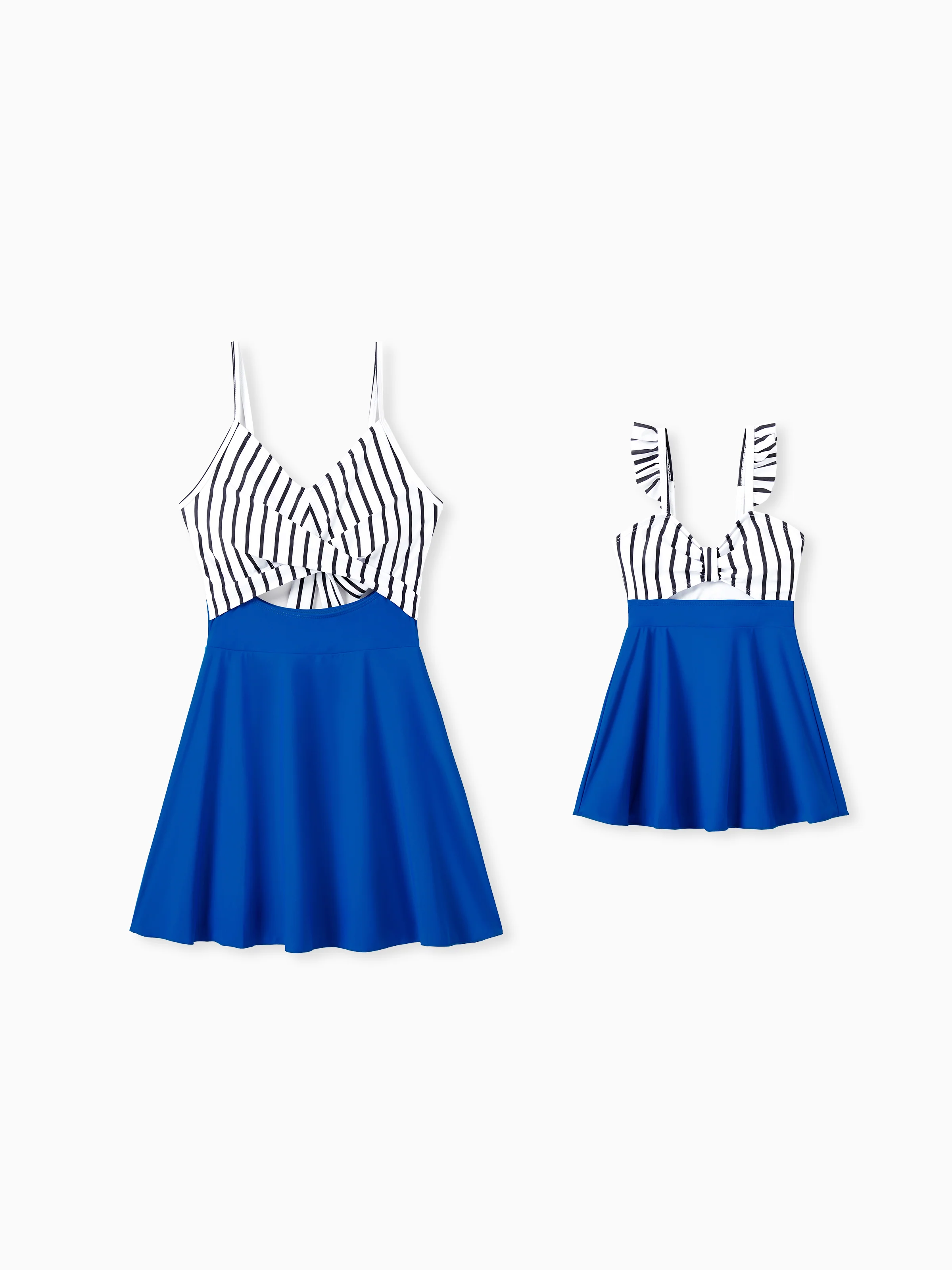 Mommy & me Swimsuit Striped Blue Spliced Tankini with Cross-Front, Tie-Back, and Thin Straps Color block