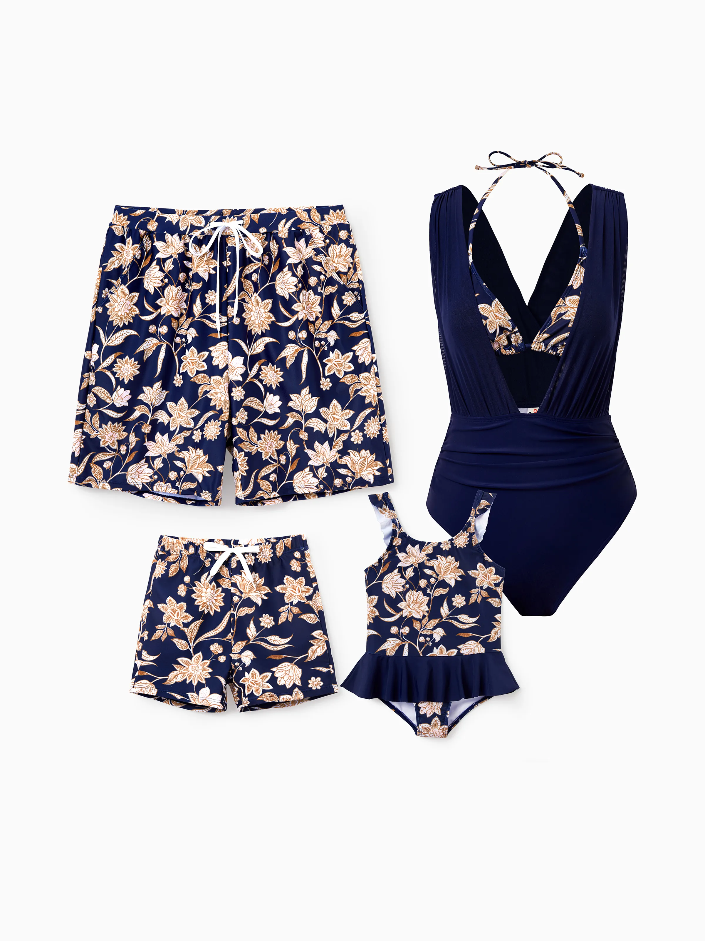Daddy & Son Floral Print Swimsuits 2-in-1 One-Piece Swimsuit & Swim Trunks Deep Blue