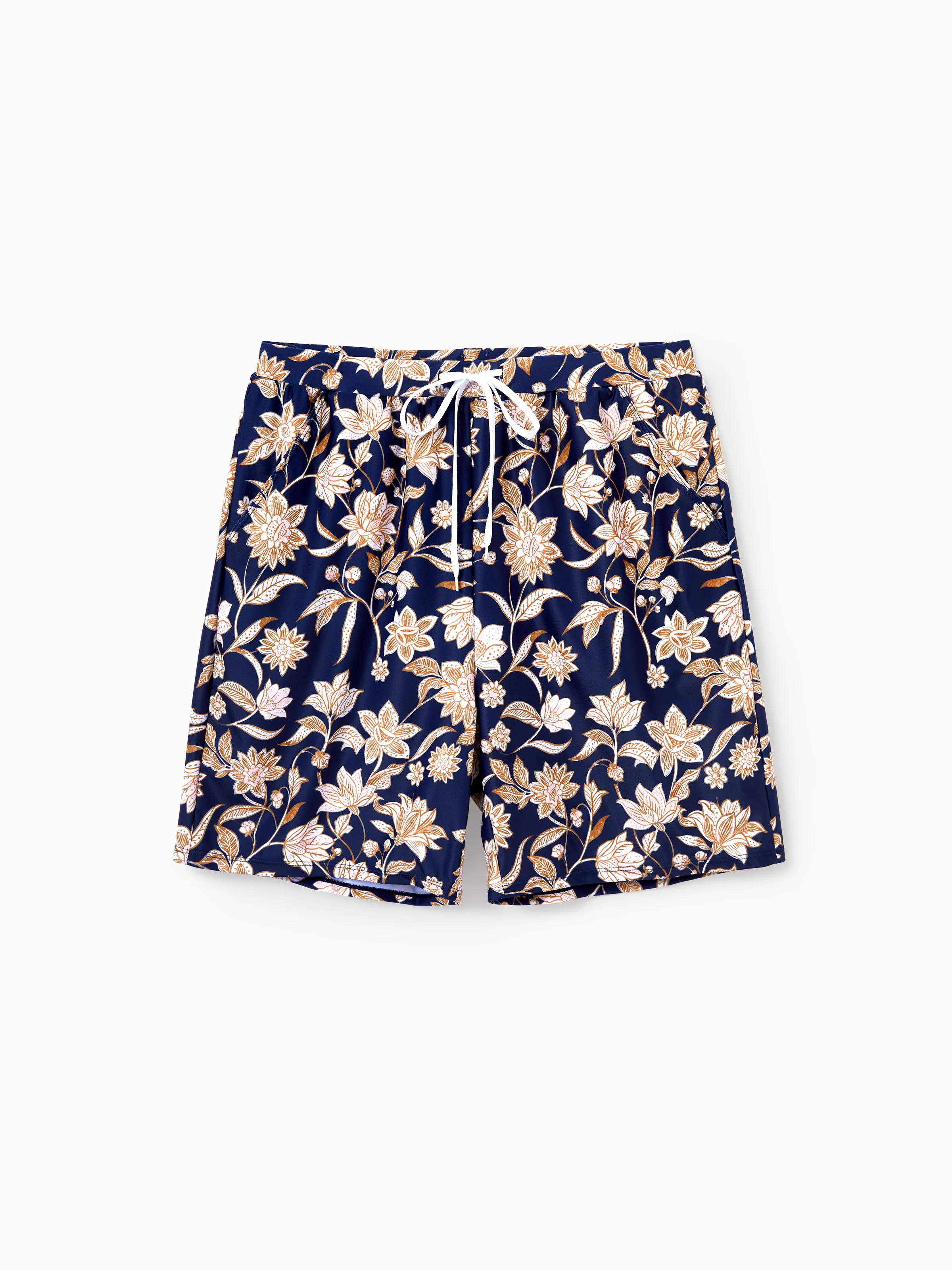 Daddy & Son Floral Print Swimsuits 2-in-1 One-Piece Swimsuit & Swim Trunks Deep Blue