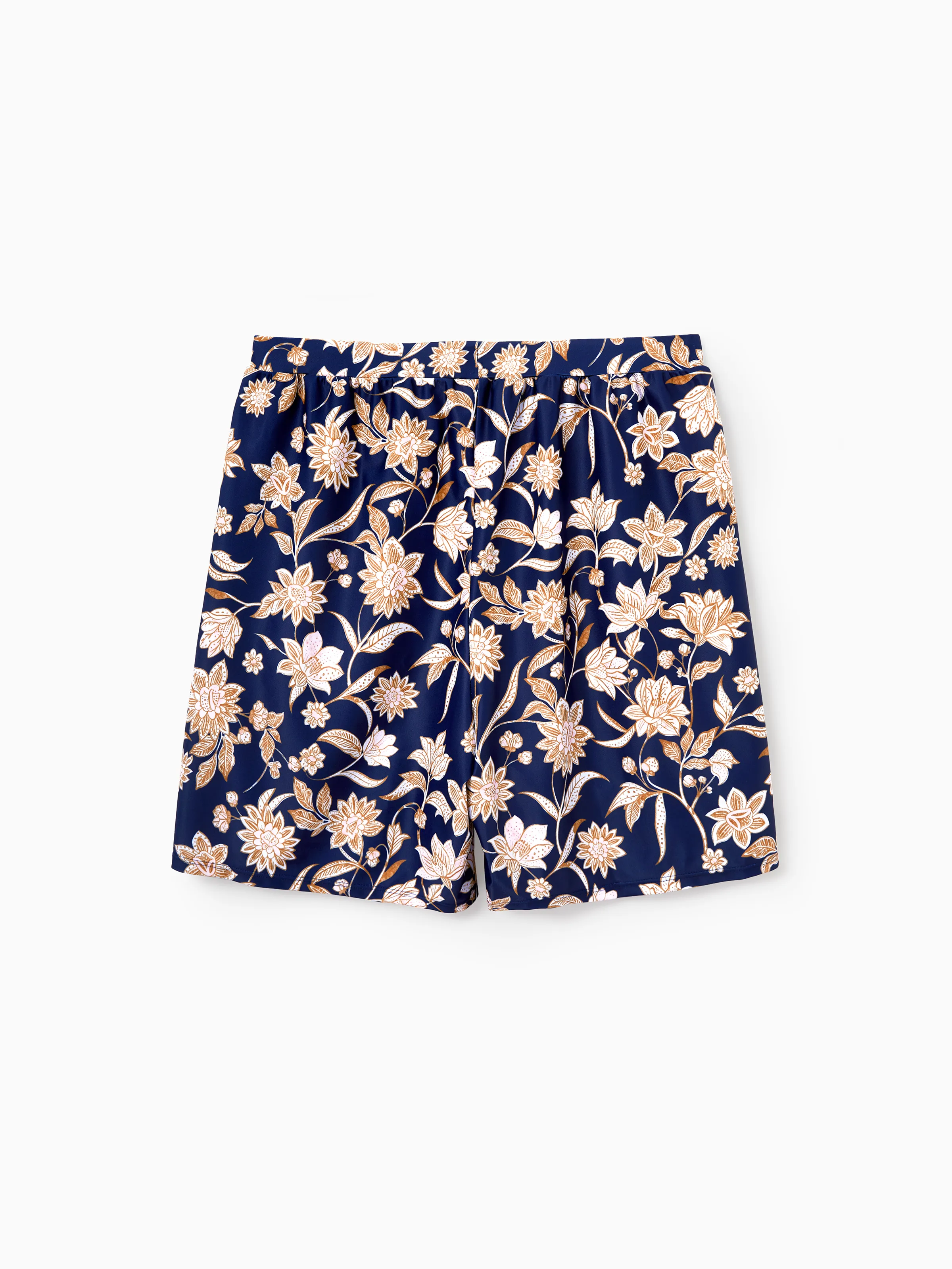 Daddy & Son Floral Print Swimsuits 2-in-1 One-Piece Swimsuit & Swim Trunks Deep Blue