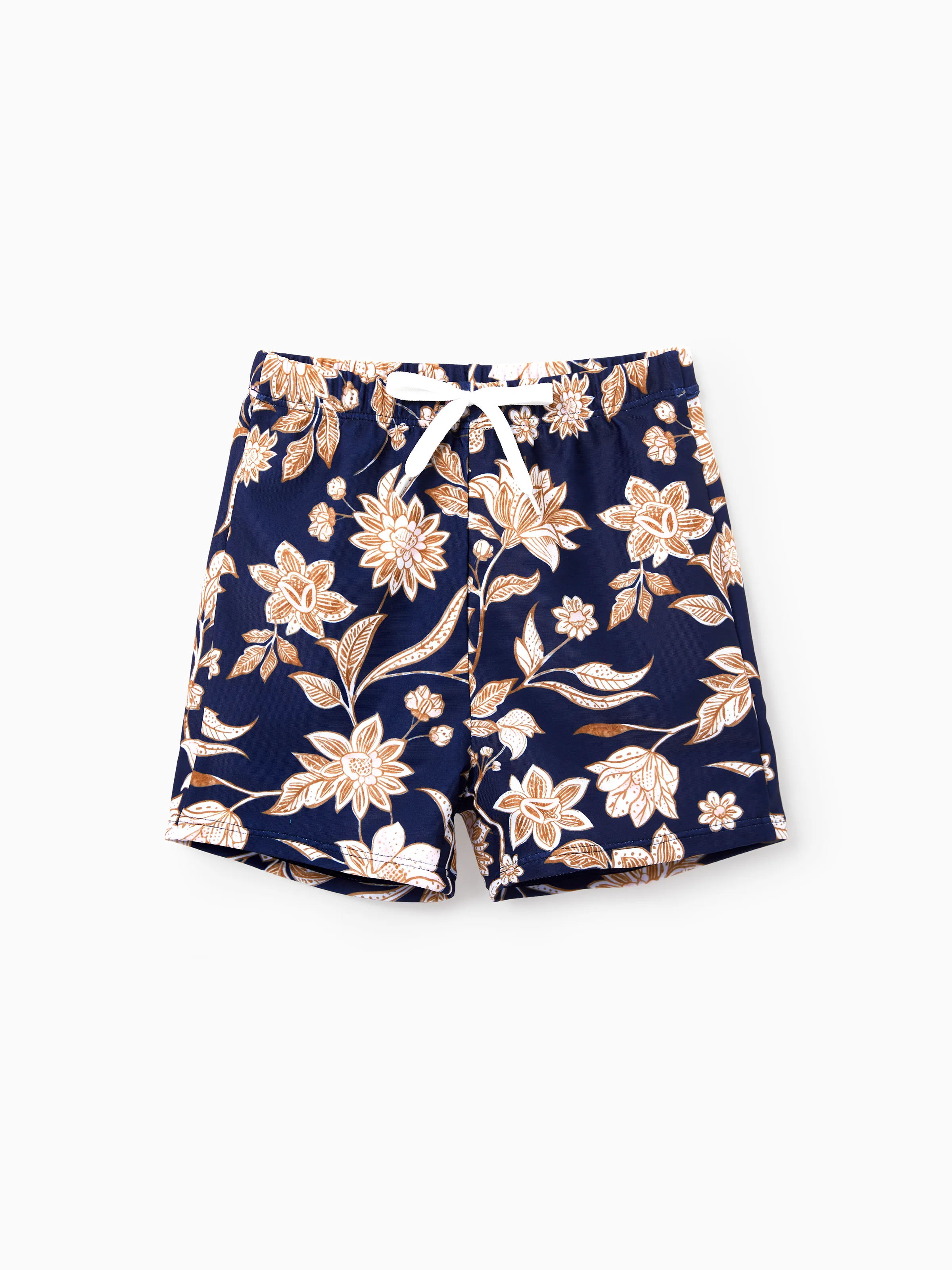 Daddy & Son Floral Print Swimsuits 2-in-1 One-Piece Swimsuit & Swim Trunks Deep Blue