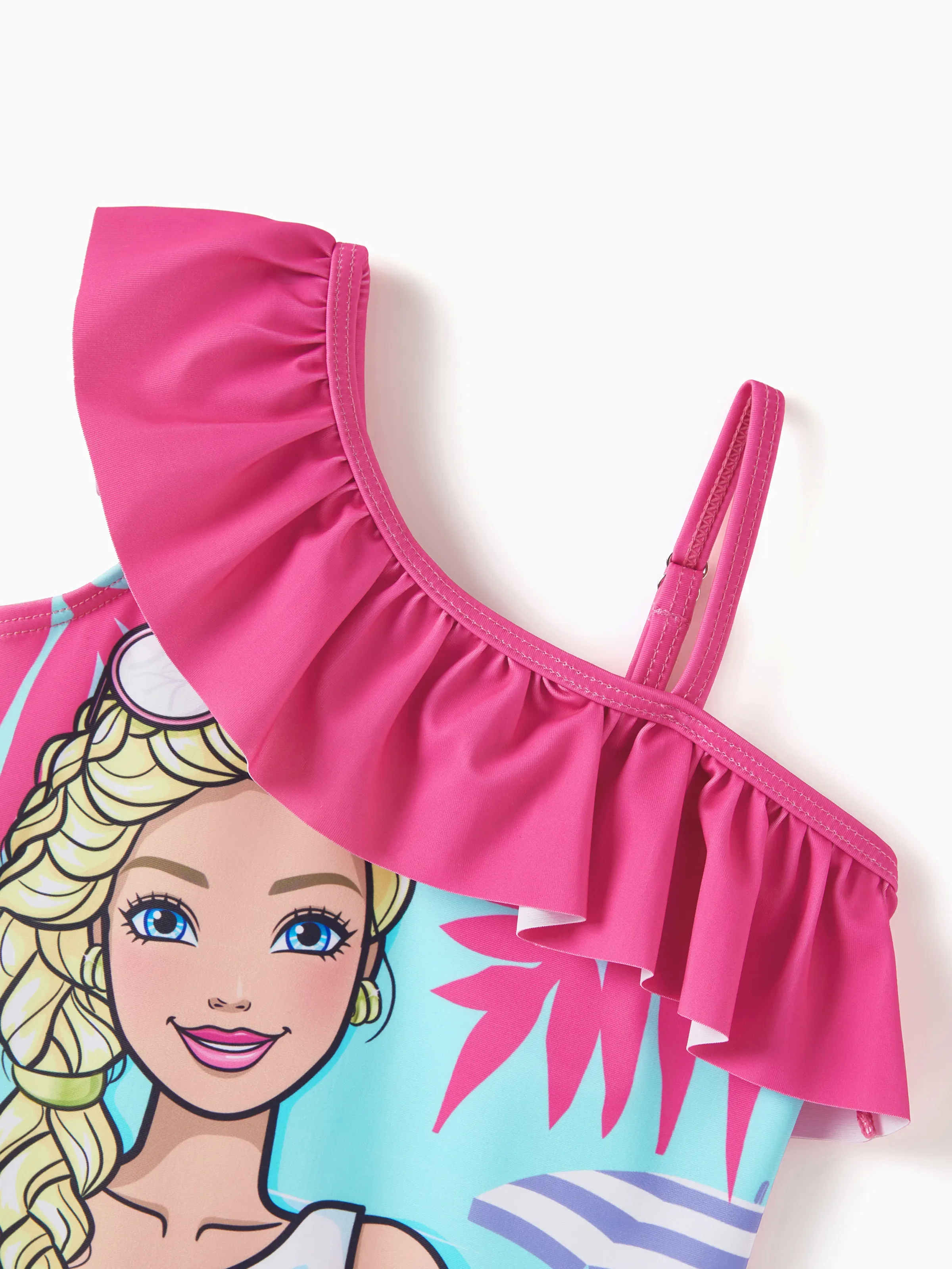 Toddler Girl Barbie Girls Ruffled Tropical Floral Print Swimsuit Hot Pink