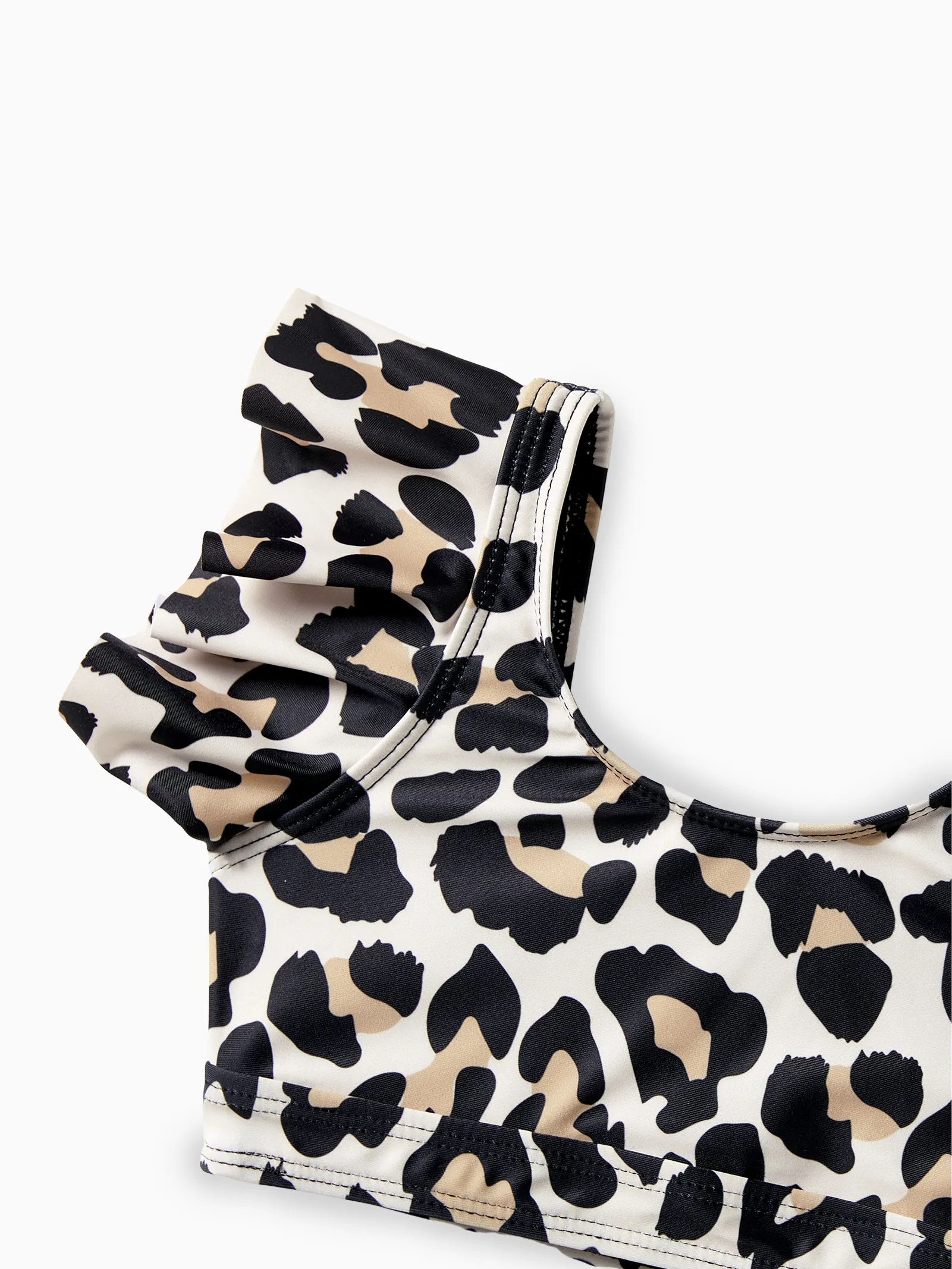 Toddler Girl Leopard Pattern Drawstring Ruffle Neck Two-Piece Bikini Skirt Black