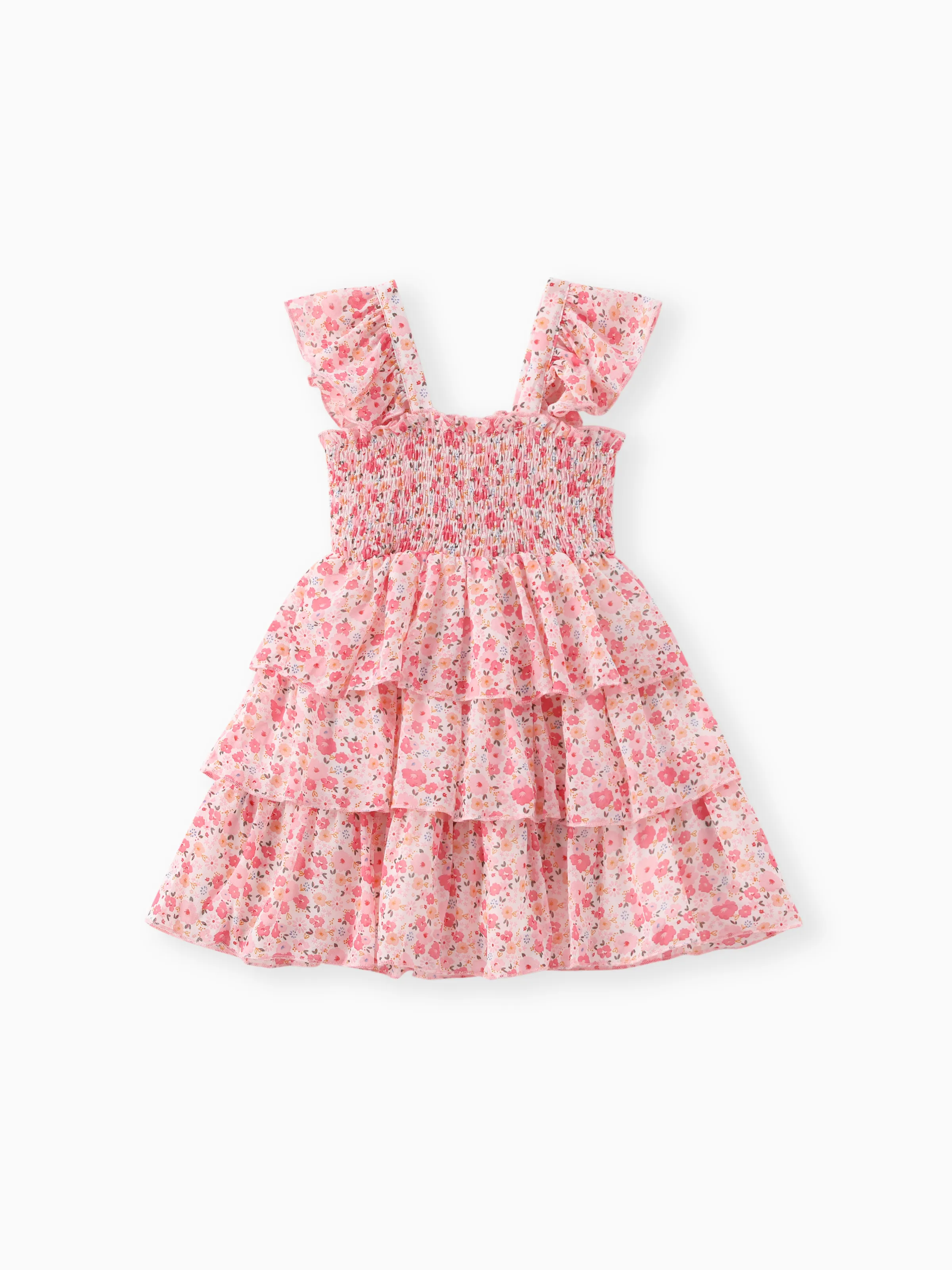Toddler Girl Sweet Floral Print Smocked Ruffled Sleeveless Dress Pink